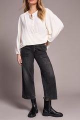 Tribal Long Sleeve Blouse with Folded Hem | Eggshell