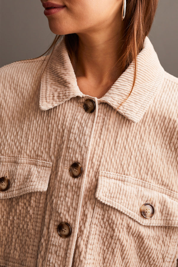 Tribal Textured Cord Shacket with Patch Pockets -Beige