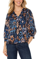 Liverpool 3/4 Sleeve V-Neck Ikat Popover Woven Blouse | Blue Multi
