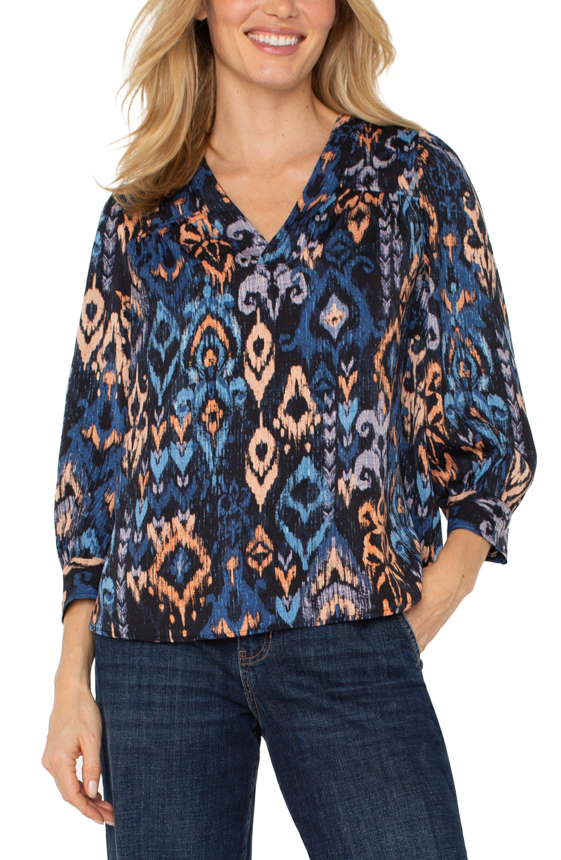 Liverpool 3/4 Sleeve V-Neck Ikat Popover Woven Blouse | Blue Multi