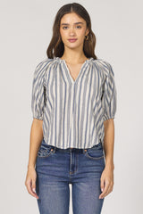 Dear John Denim Costa Poets Blouse Ladder Trim | Dark Blue Stripe