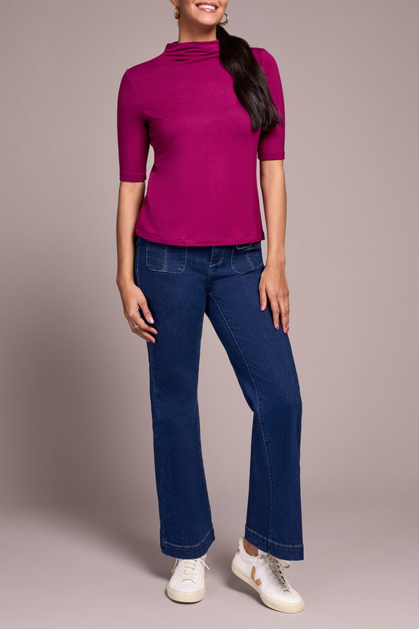 Tribal Funnel Neck Elbow Sleeve Knit Top | Plum Wine
