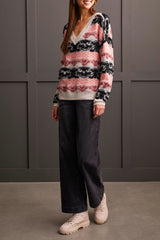 Tribal Looped Yarn V-Neck Sweater-Eggshell/Multi