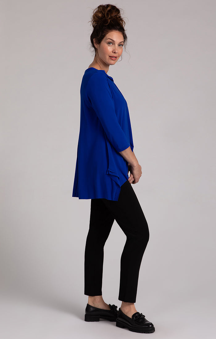 Sympli Flounce Top with Wide Funnel Collar-Lapis