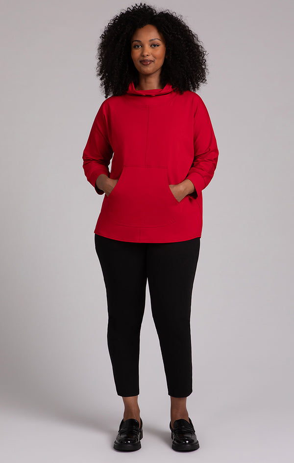 Sympli Funnel Neck Pullover with Kangaroo Pocket-Poppy