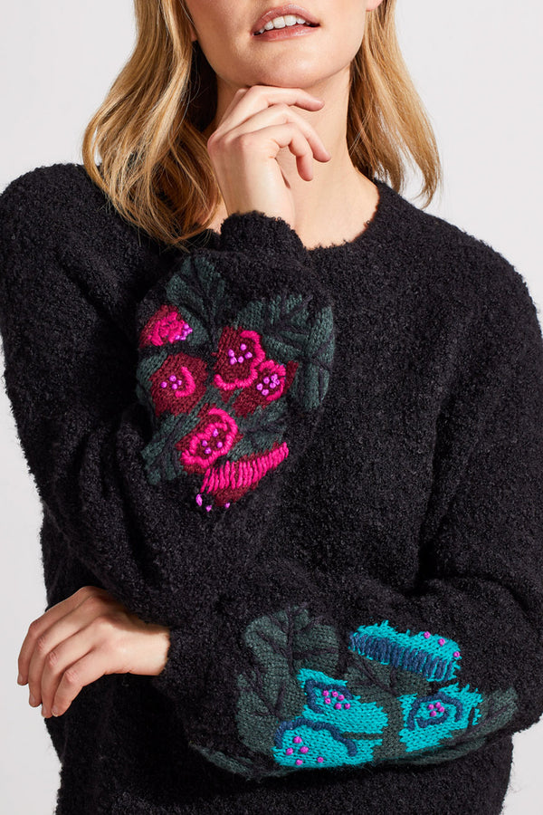 Tribal Drop Shoulder Embroidered Sleeve Sweater-Black