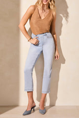 Tribal Audrey Pull On Straight Crop Jeans | Light Surf