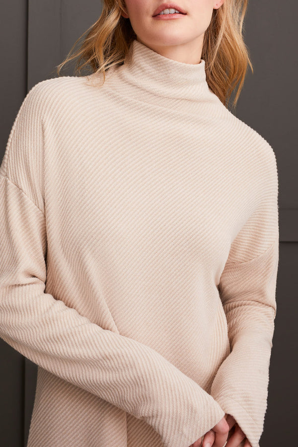 Tribal Funnel Neck Drop Shoulder Top-Beige