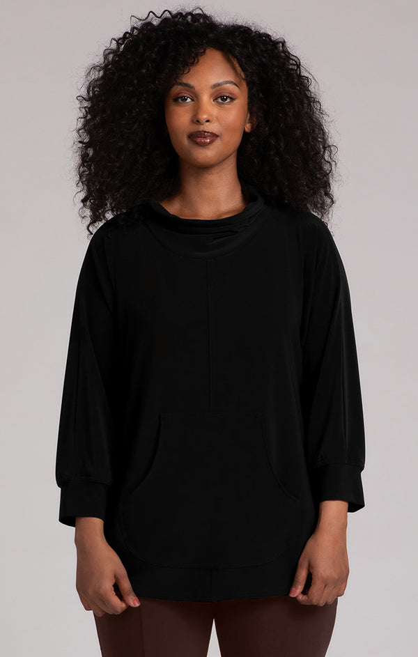 Sympli Funnel Neck Pullover with Kangaroo Pocket-Black