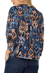 Liverpool 3/4 Sleeve V-Neck Ikat Popover Woven Blouse | Blue Multi