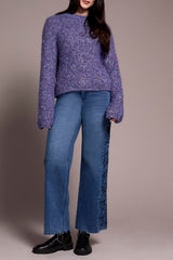 Tribal Crew Neck Puffy Sleeve Sweater | Medium Blue Violet