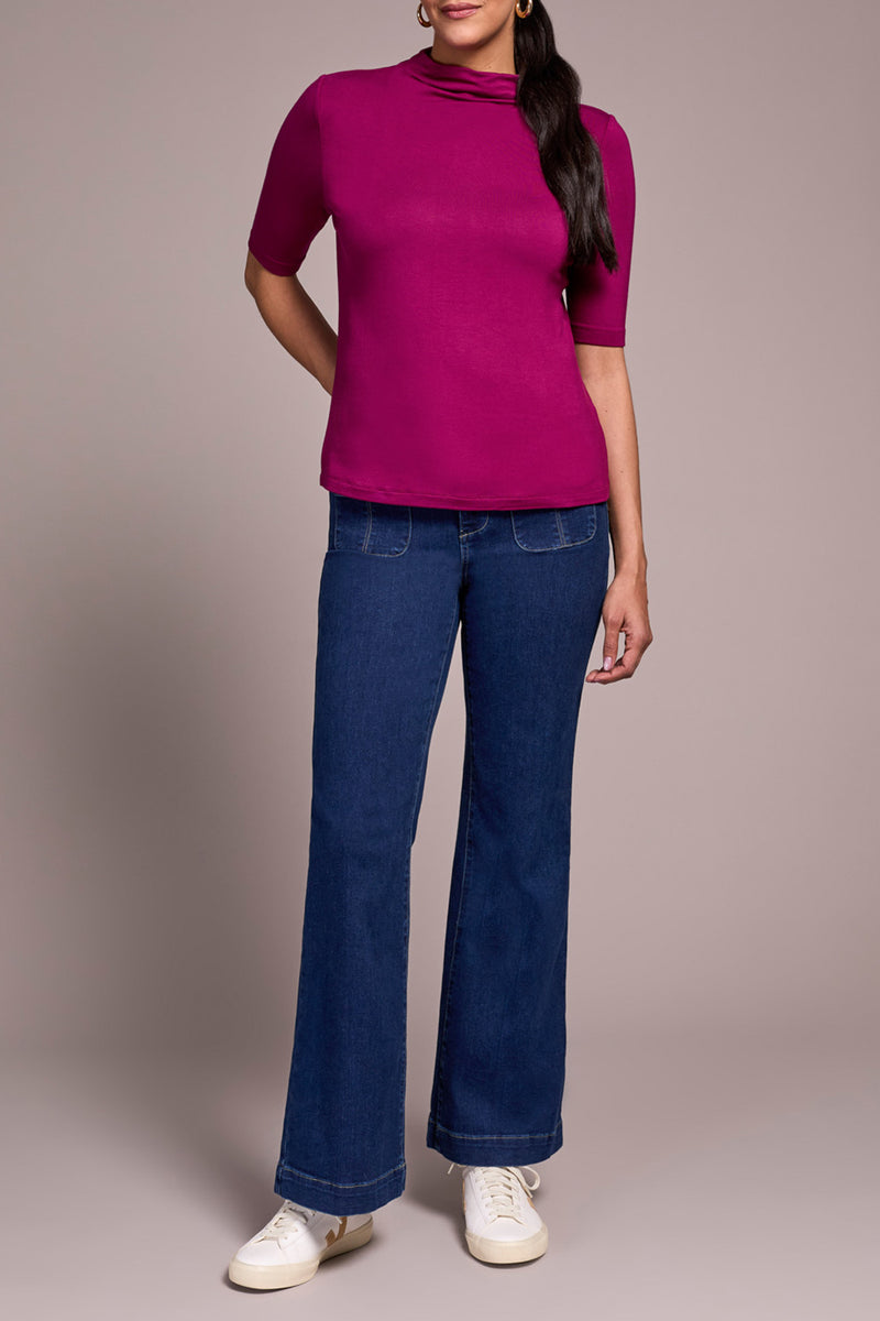 Tribal Funnel Neck Elbow Sleeve Knit Top | Plum Wine