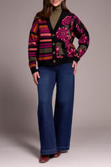 Tribal Button Front Combo Jacquard Sweater Cardi | Black