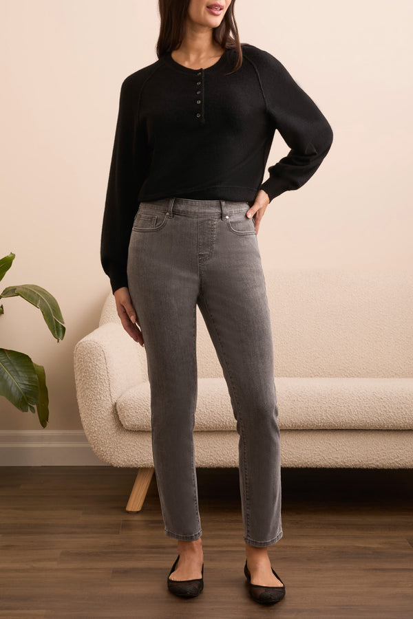 Tribal Audrey Pull On Slim Ankle Glitter Denim Pant | Silver Grey