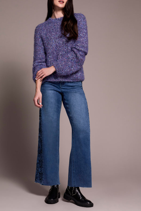Tribal Crew Neck Puffy Sleeve Sweater | Medium Blue Violet