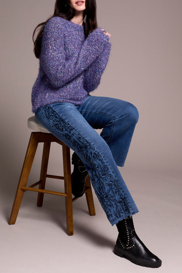 Tribal Crew Neck Puffy Sleeve Sweater | Medium Blue Violet