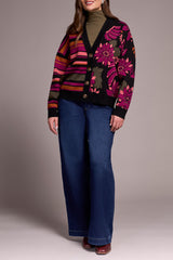 Tribal Button Front Combo Jacquard Sweater Cardi | Black