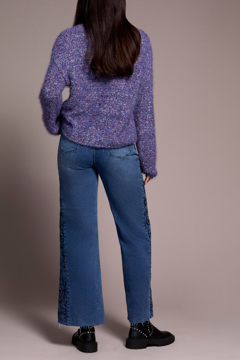 Tribal Crew Neck Puffy Sleeve Sweater | Medium Blue Violet