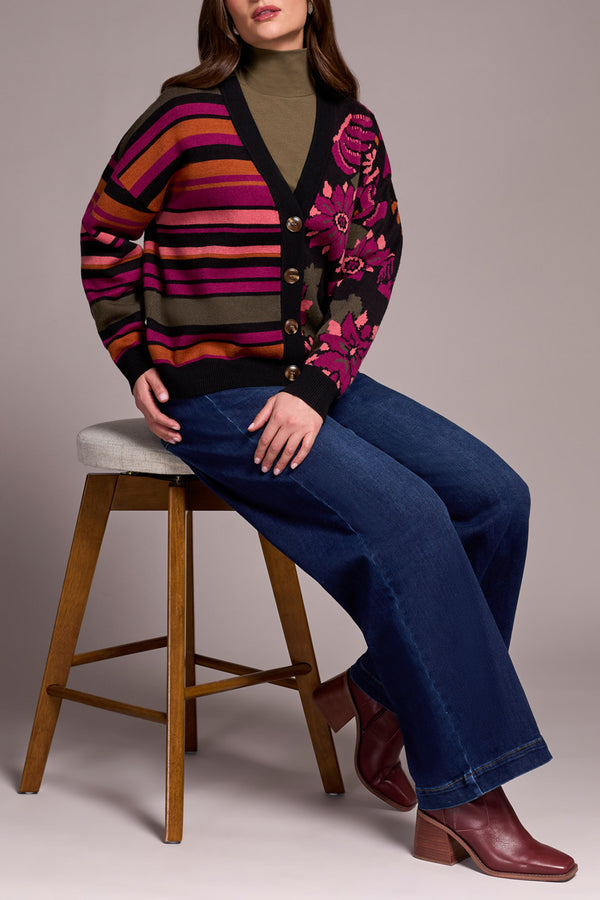Tribal Button Front Combo Jacquard Sweater Cardi | Black