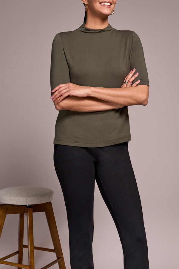 Tribal Funnel Neck Elbow Sleeve Knit Top | Spruce