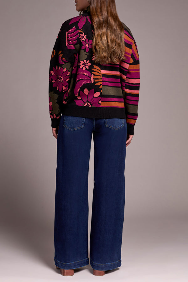 Tribal Button Front Combo Jacquard Sweater Cardi | Black