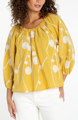 Liverpool 3/4 Sleeve Woven Top | Yellow with Cream Emroidery