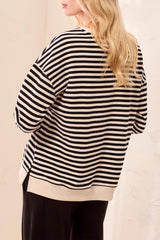 Tribal Cotton Crewneck Drop‑Shoulder Long Sleeve Top with Combo Trim | Black