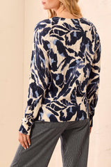 Tribal Printed Cotton Crew Neck Sweater | Blue Fog