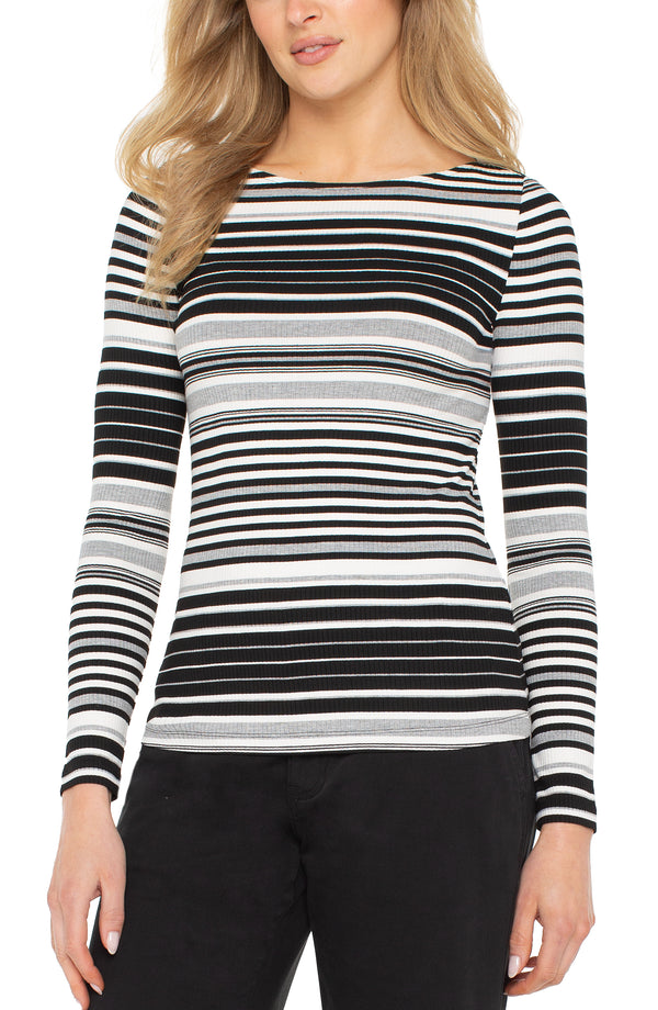 Liverpool Long Sleeve Boat Neck Knit Top | Black/White Stripe