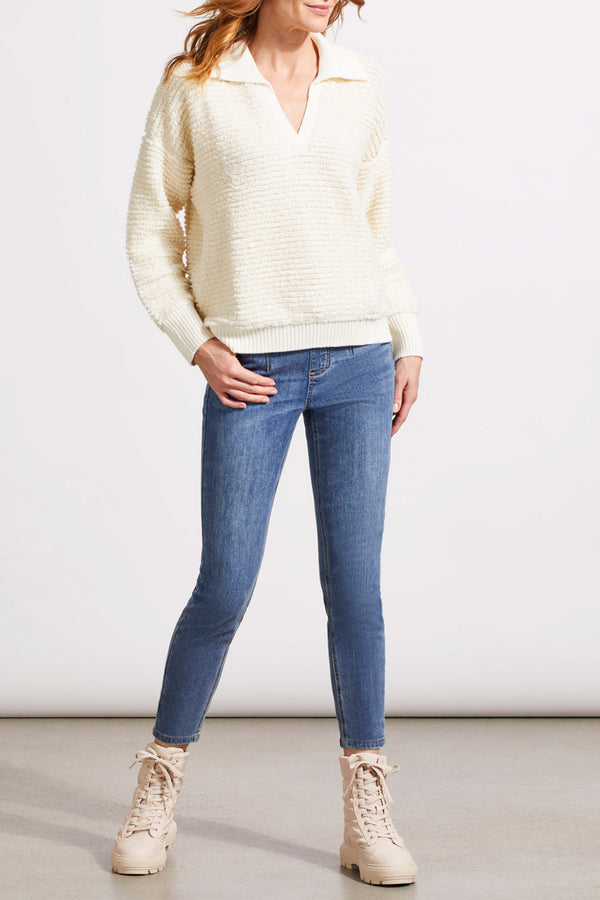 Tribal Oversized Fuzzy Ottoman Yarn Polo Sweater-Eggshell