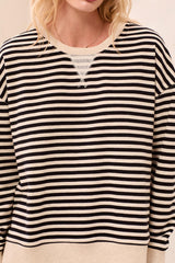 Tribal Cotton Crewneck Drop‑Shoulder Long Sleeve Top with Combo Trim | Black