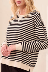 Tribal Cotton Crewneck Drop‑Shoulder Long Sleeve Top with Combo Trim | Black
