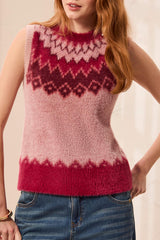 Tribal Crew Neck Fair Isle Sweater Vest | Pink Frost