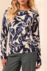 Tribal Printed Cotton Crew Neck Sweater | Blue Fog