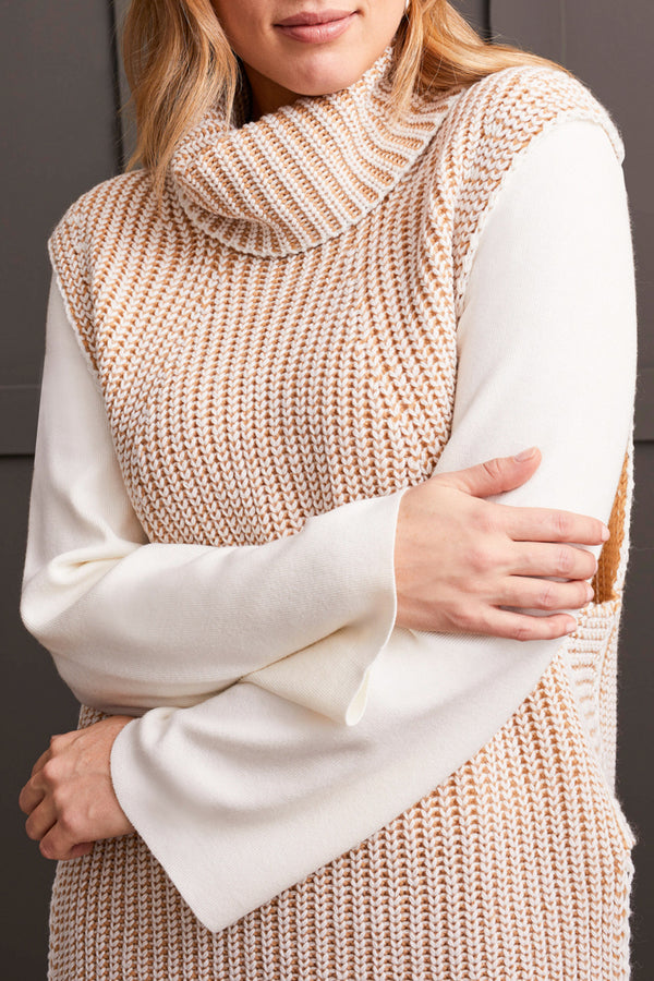 Tribal Plaited Cowl Neck Sweater-Tan