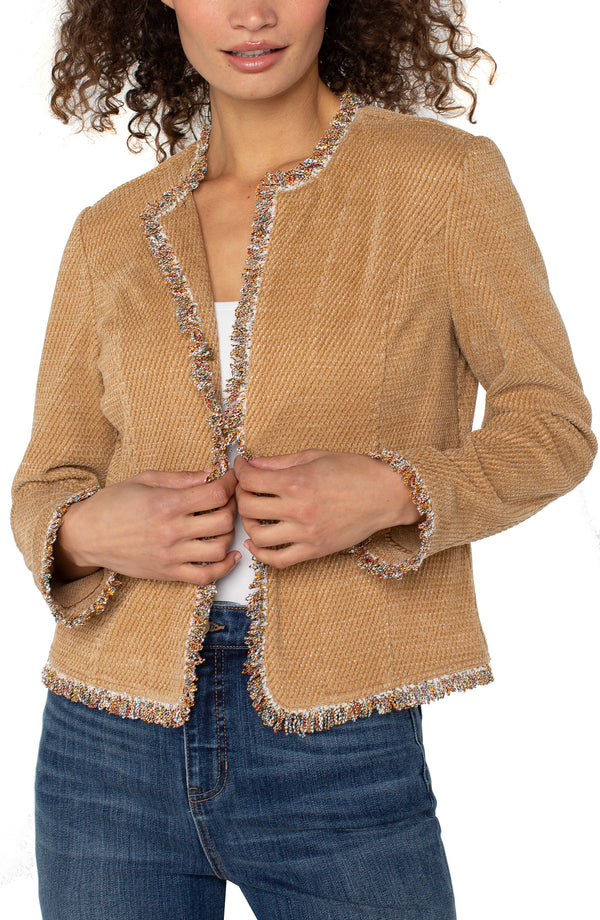 Liverpool Collarless Jacket with frayed Edges | Honey