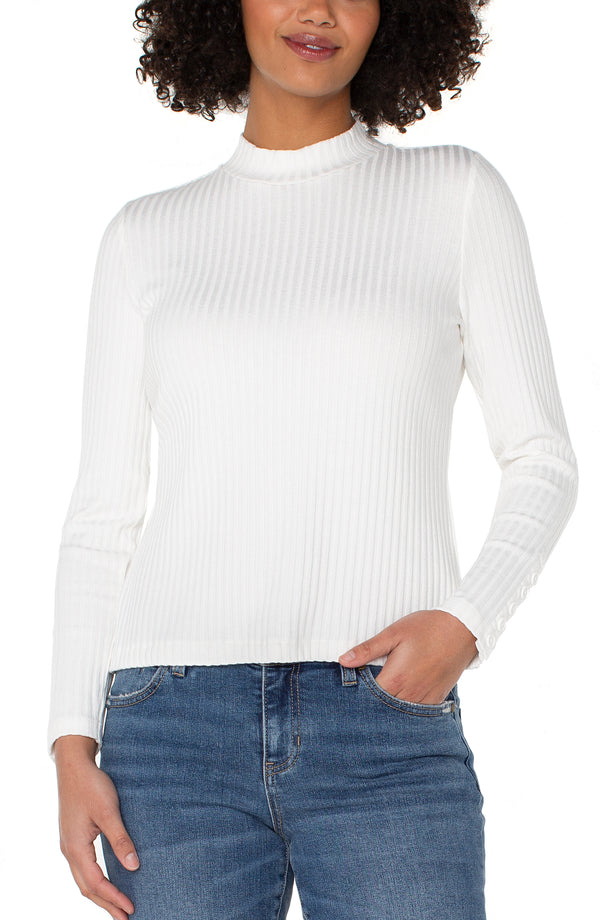 Liverpool Long Sleeve Mock Neck Knit Top with Button Detail | Snow
