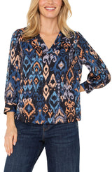 Liverpool 3/4 Sleeve V-Neck Ikat Popover Woven Blouse | Blue Multi