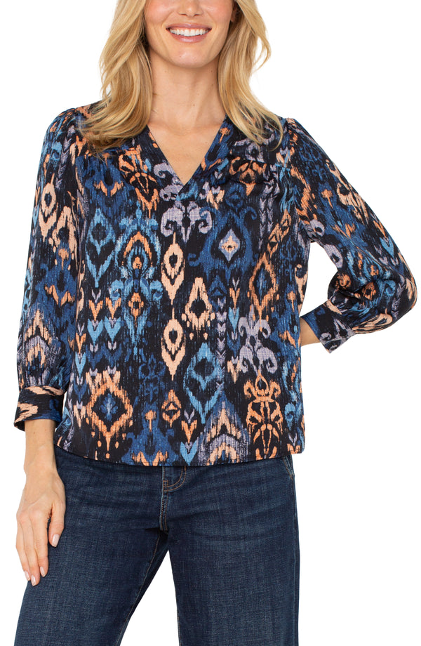 Liverpool 3/4 Sleeve V-Neck Ikat Popover Woven Blouse | Blue Multi