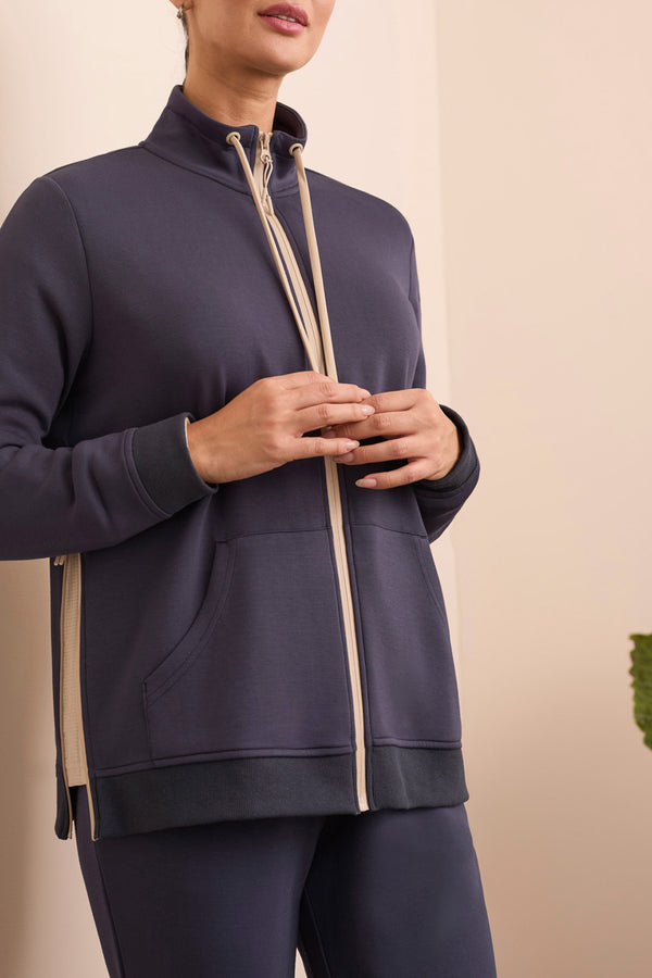 Tribal Techno Lux Textured Mock Neck Cardigan | Sapphire
