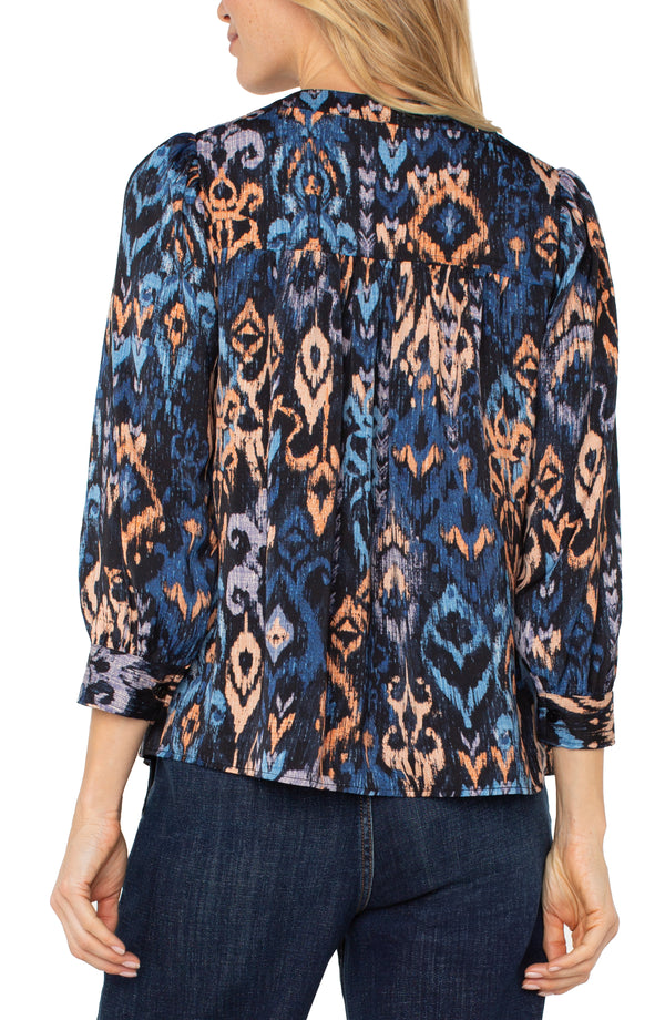 Liverpool 3/4 Sleeve V-Neck Ikat Popover Woven Blouse | Blue Multi