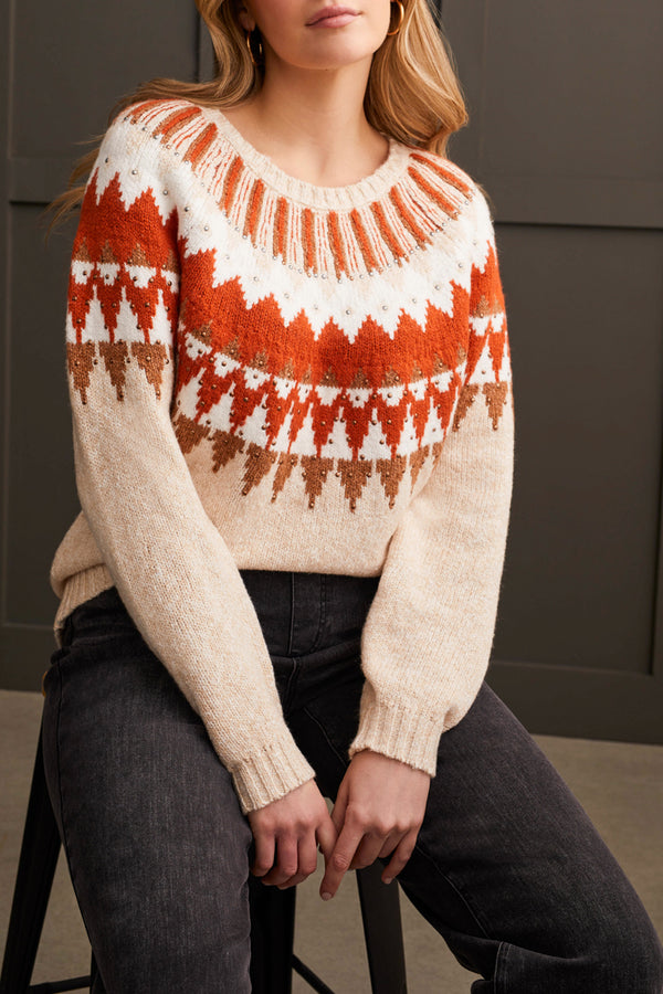 Tribal Intarsia Sweater with Brass Studs-Cream