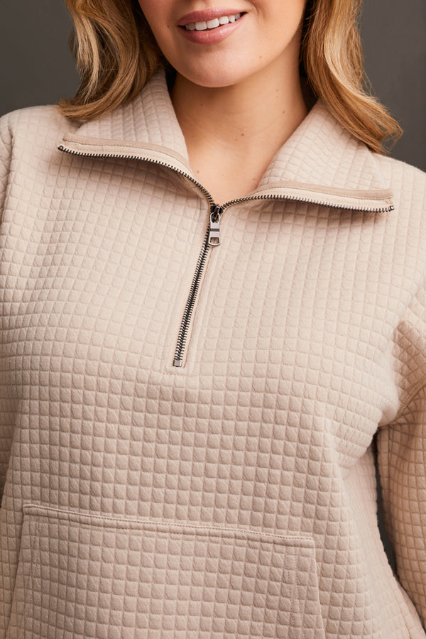 Tribal Quilted Kangaroo Pocket Top with Half-Zip-Frost Grey