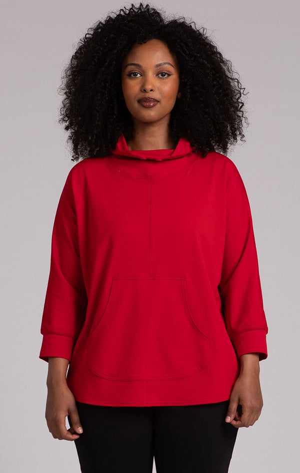 Sympli Funnel Neck Pullover with Kangaroo Pocket-Poppy