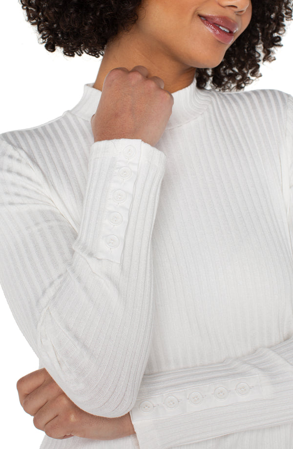 Liverpool Long Sleeve Mock Neck Knit Top with Button Detail | Snow