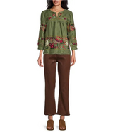 John Mark Woven Embroidered Animal Split V Neck Pullover Tunic-Olive