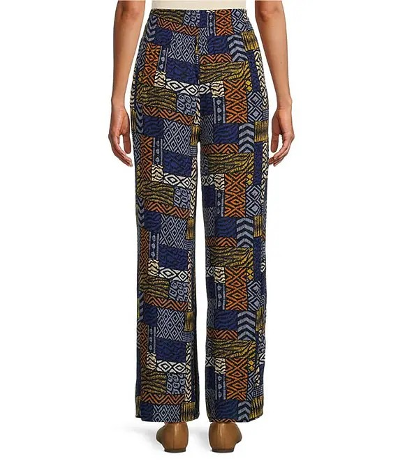 Multiplies Woven Patchwork Multi Print Pull-On Wide-Leg Crepon Pants-