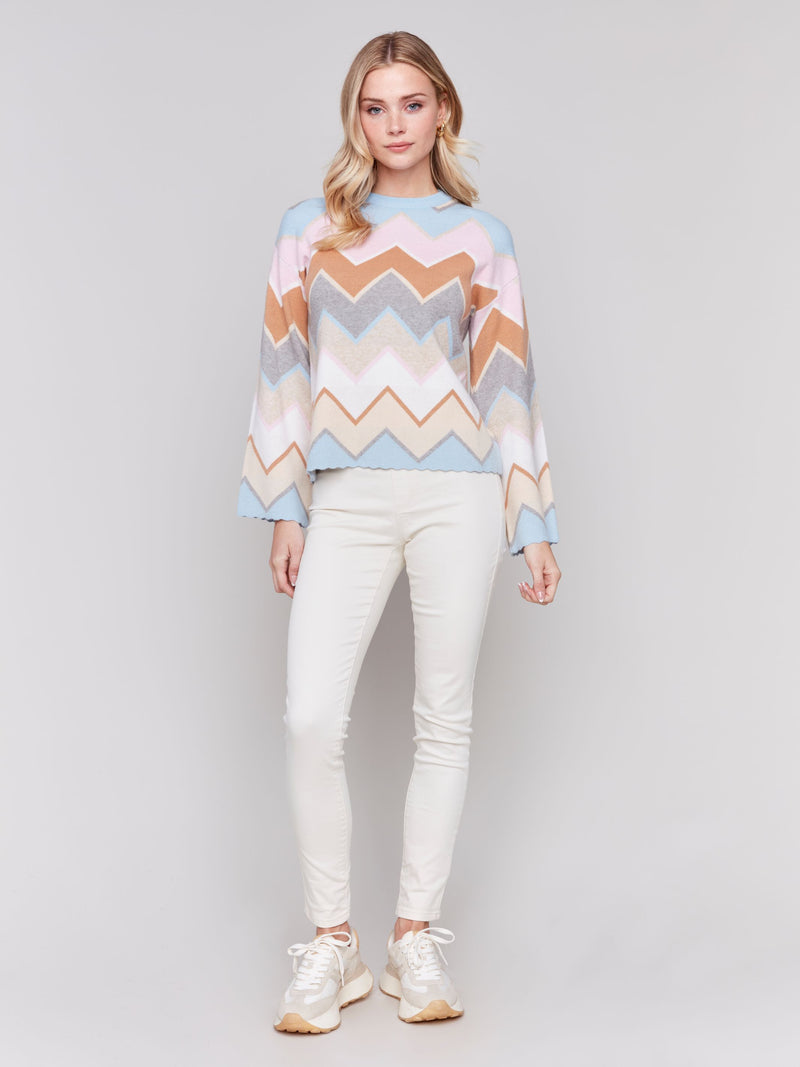 Charlie B Chevron Knit Bell Sleeve Sweater-Candy