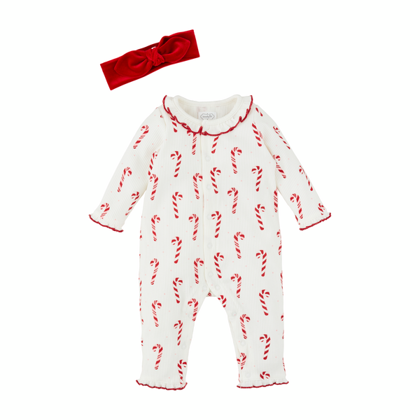 Mudpie Candy Cane Ruffle Sleeper & Headband Set