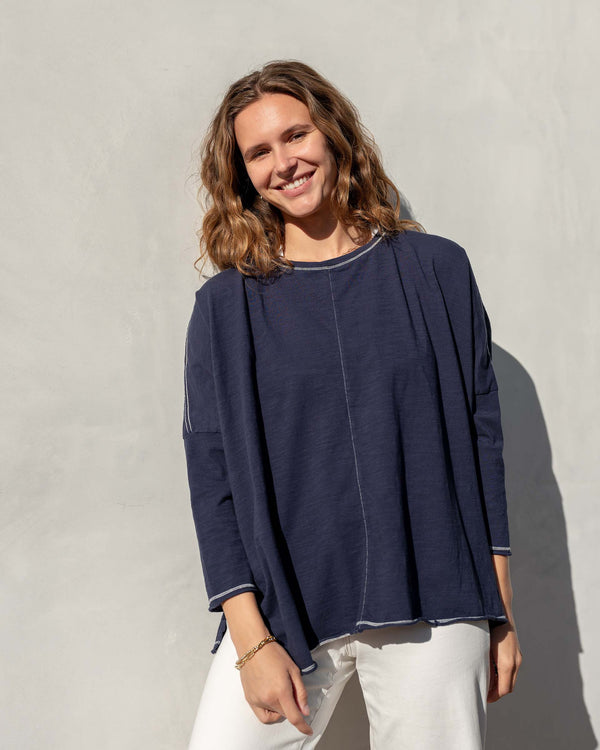 Mersea Catalina Slub Tee | Navy/Off White Stitches